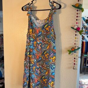 EUC VINTAGE sleeveless tie-shoulder dress in the "Logo-a-Gogo" print by Art 4 N